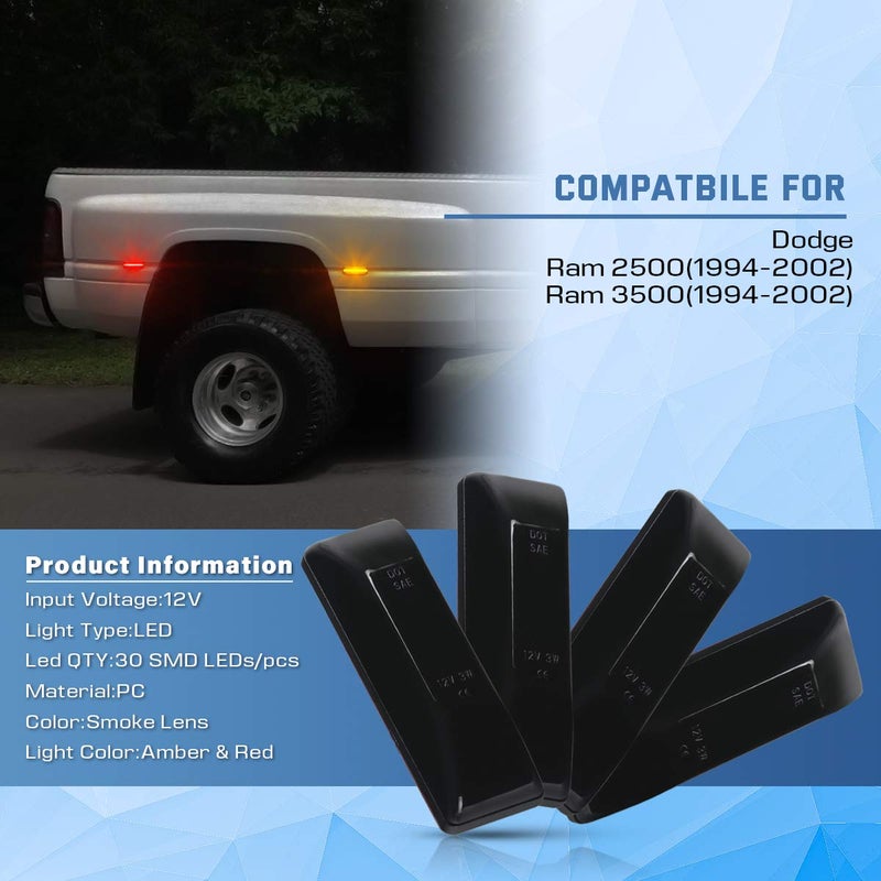 Gempro Rear Bed Side Marker Dually Lights for Dodge Ram 2500 3500 1994-2002 Trucks Wheel Side Fenders Lamp Clearance 4Pcs (Smoke Lens) - Image 5